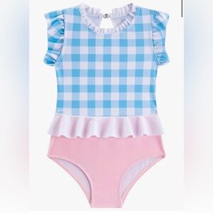 Girls' One Piece Scoop Neck Ruffle Sleeveless Blue Plaid Bathing Suit 3T-4T